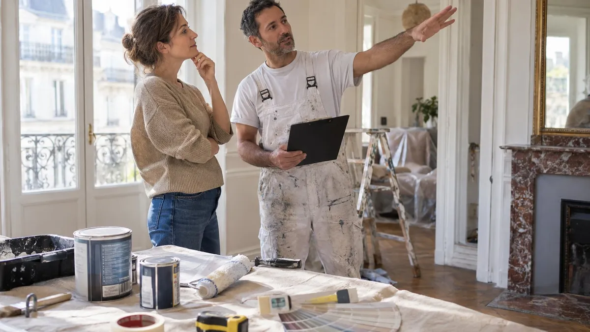 Devis de peinture posé sur une table avec nuancier et rouleau, avant travaux dans un appartement