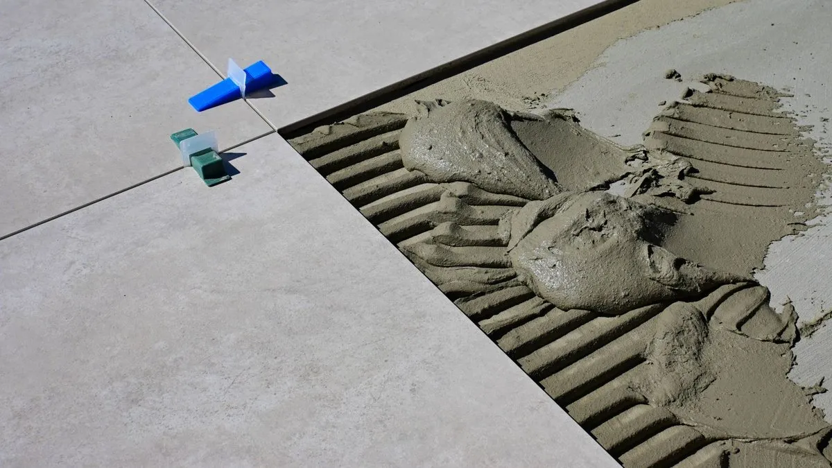 Gros plan sur un joint de dilatation fin et discret entre des carreaux de grès cérame dans un séjour lumineux