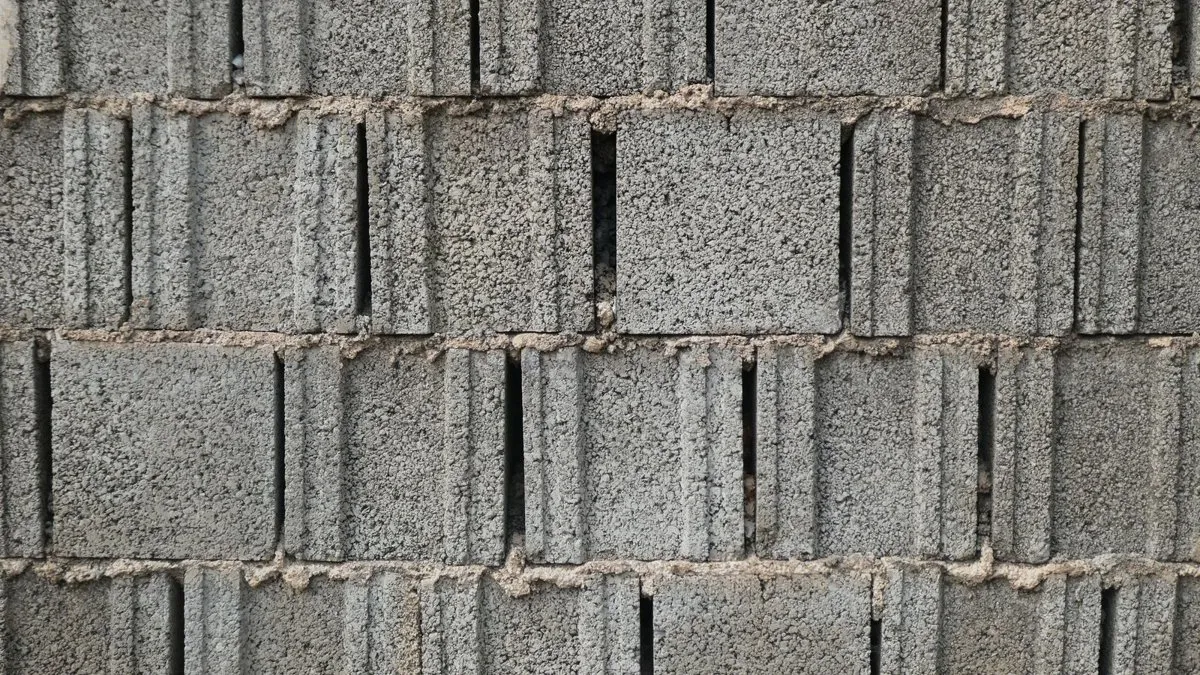 Mur intérieur en parpaings bruts dans une pièce vide, prêt à être enduit ou vendu