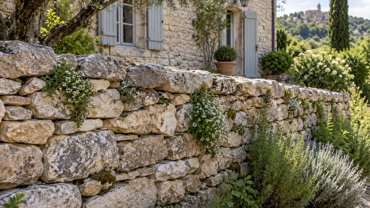 Muret en pierre sèche bordant une allée de jardin avec plantes et gravier clair